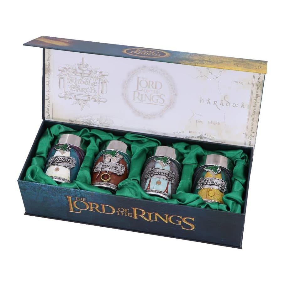 Lord of the Rings Hobbit shot glass set with Frodo, Samwise, Merry and Pippin names