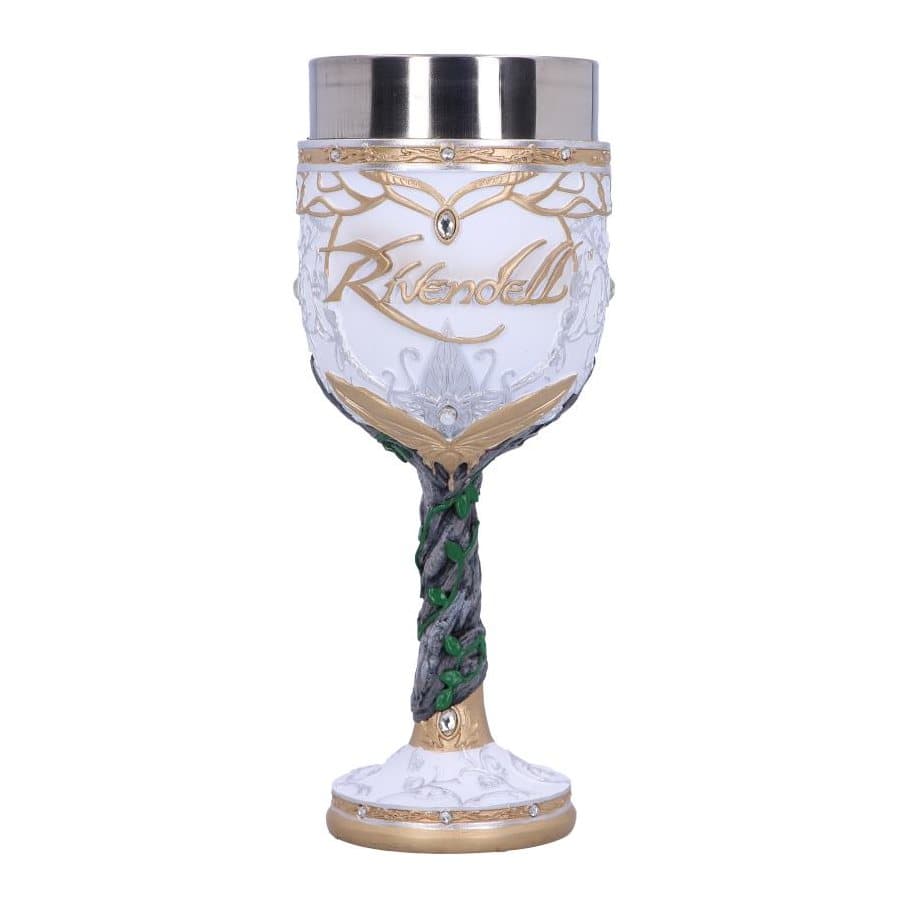 Officially licensed Rivendell goblet with a green vine stem and gold lettering