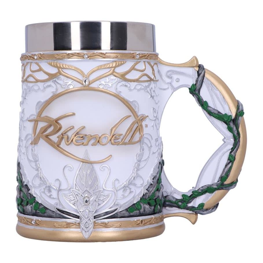 White Rivendell tankard with gold edging, gold lettering and a green vine handle