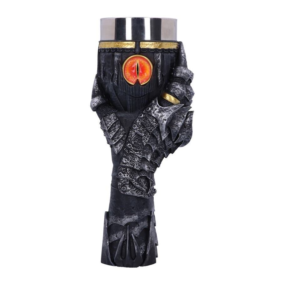 Lord of the Rings Sauron goblet with a gauntlet stem holding The One Ring