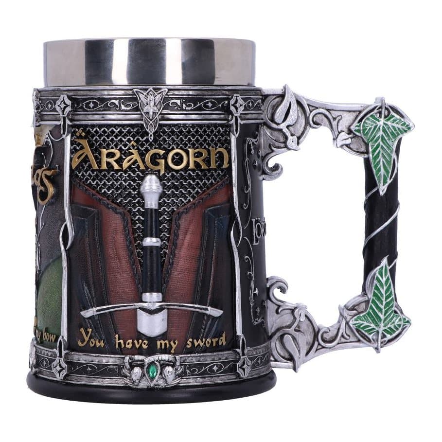 Fellowship tankard with Gimli, Legolas and Aragorn designs and Leaf of Lorien handle