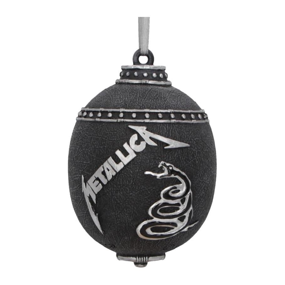Metallica logo above a coiled snake on a black hanging resin ornament