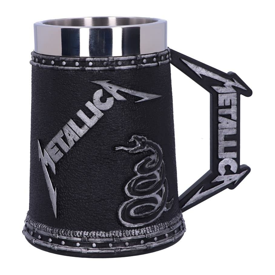 Metallica Black Album tankard with logo above a coiled snake on black