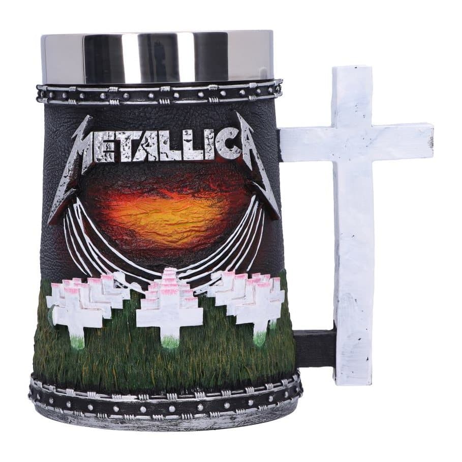 Metallica Master of Puppets tankard with grave stone artwork and a white cross handle
