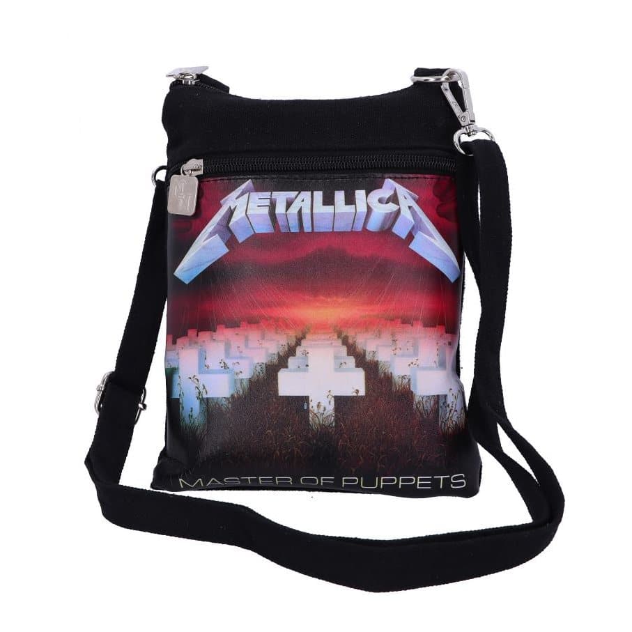 Black Metallica shoulder bag with logo above a coiled snake
