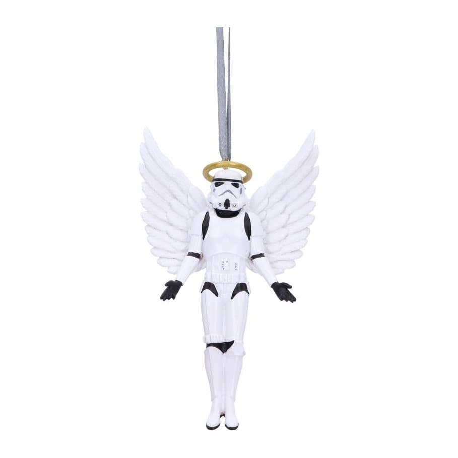 Stormtrooper angel hanging ornament with gold halo and white feathered wings