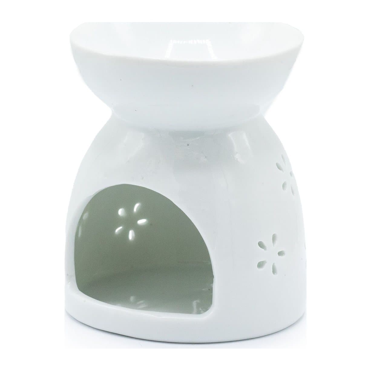 White ceramic oil burner with a Buddha cut out design