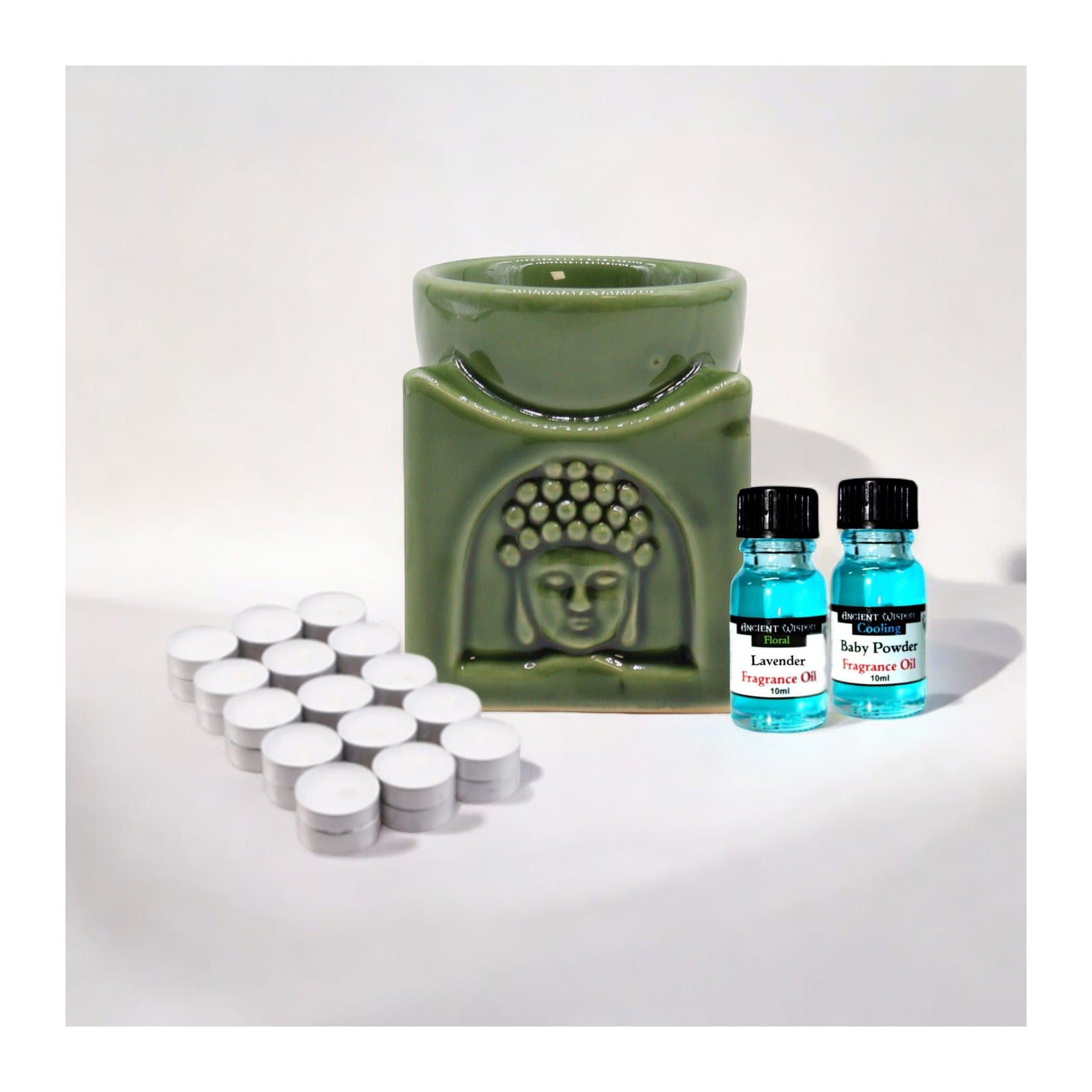 Dark jade Buddha oil burner kit with tealights and two fragrance oils