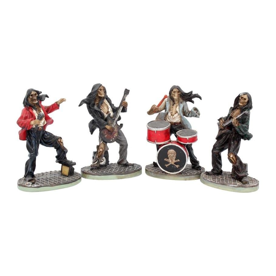 Four skeleton musician figurines: drummer, bassist, guitarist and singer