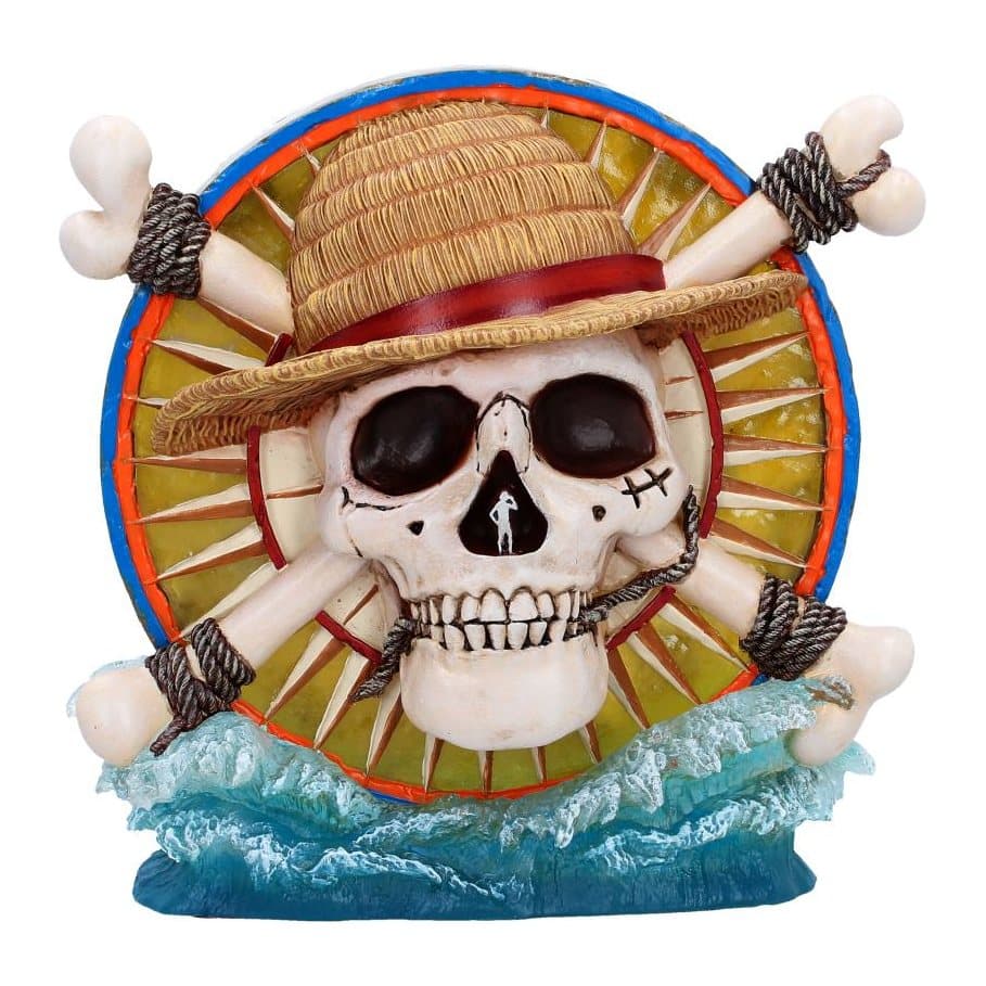 One Piece Luffy Jolly Roger LED lamp with a skull and crossbones on an ocean base
