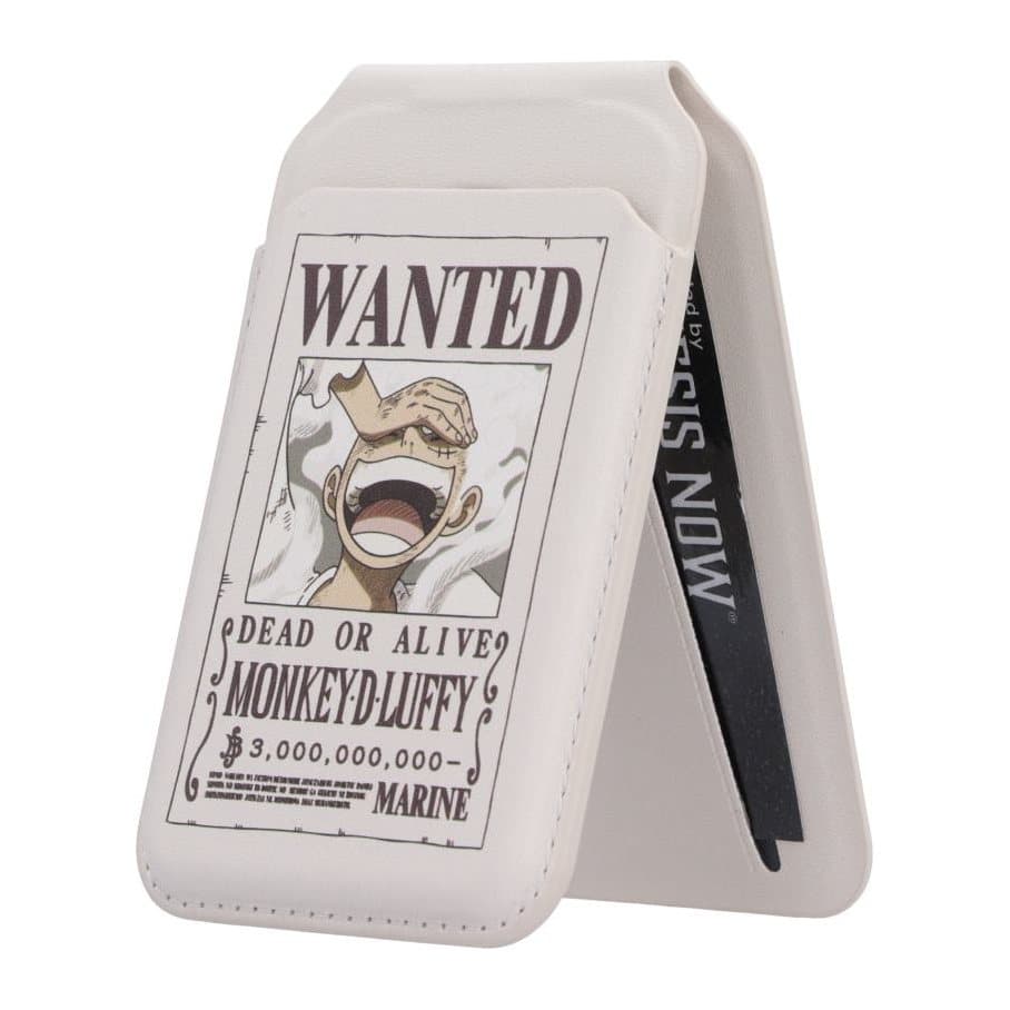 White One Piece MagSafe card holder with Luffy's wanted poster