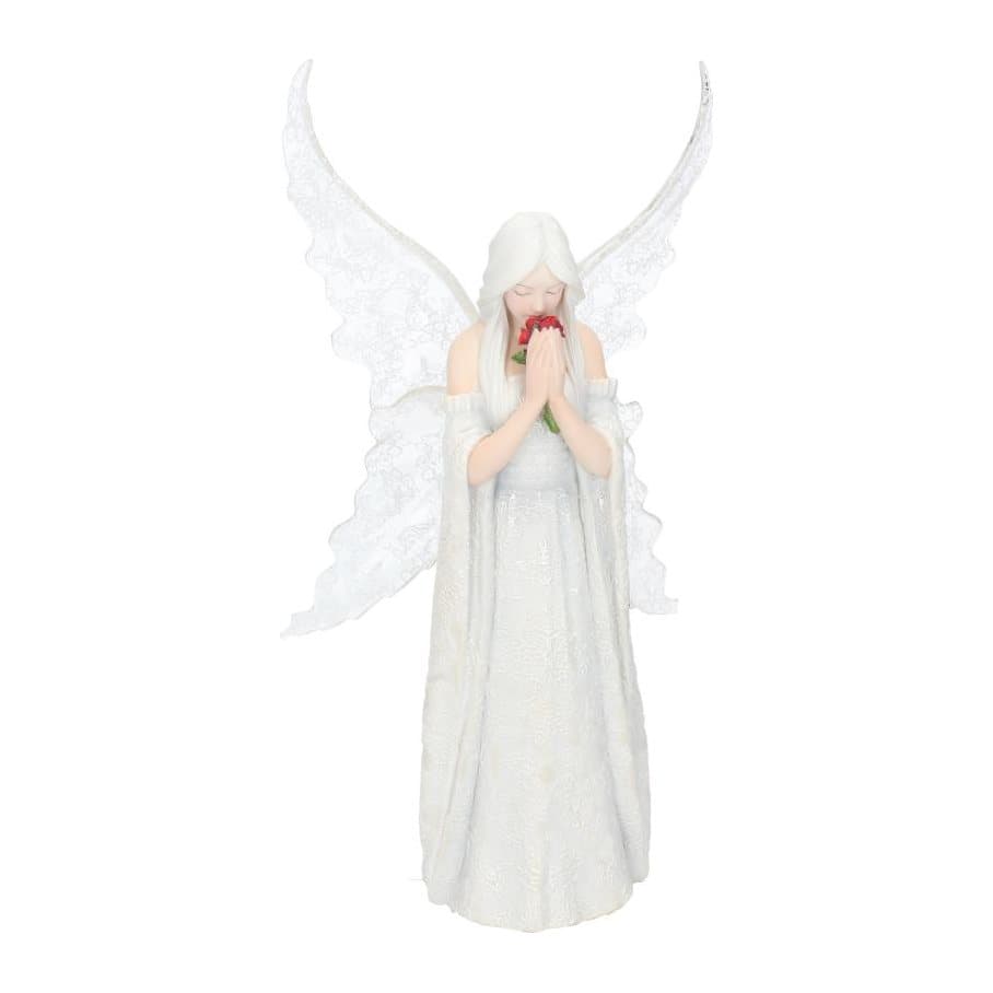 White-haired fairy figurine in a lace dress holding red roses