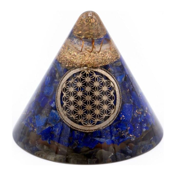 Lapis Flower of Life orgonite cone with suspended quartz, 9 x 9 x 7 cm