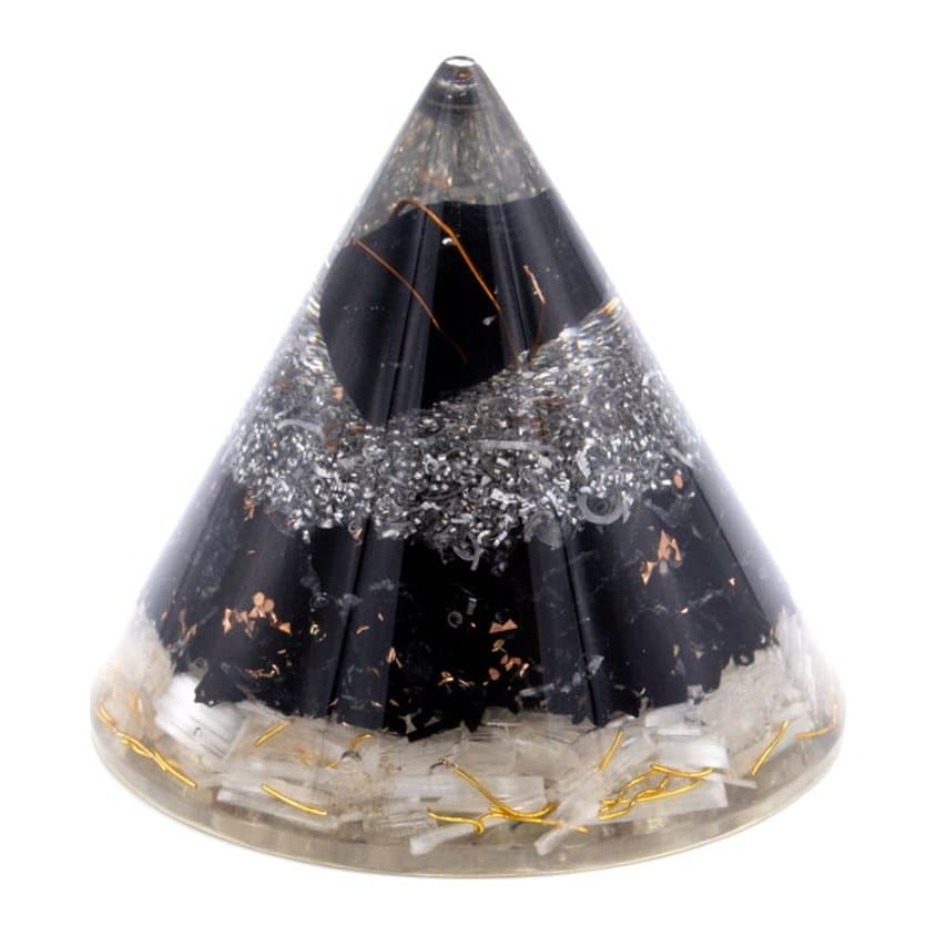 Orgonite cone with selenite, black tourmaline and copper