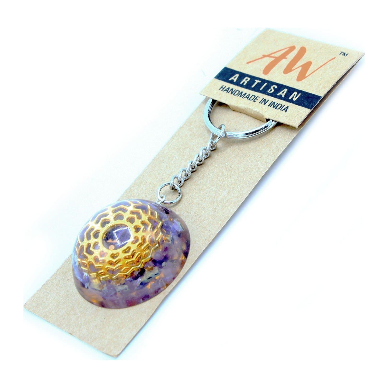 Orgonite power keyring with an Amethyst Mandala Hearts design