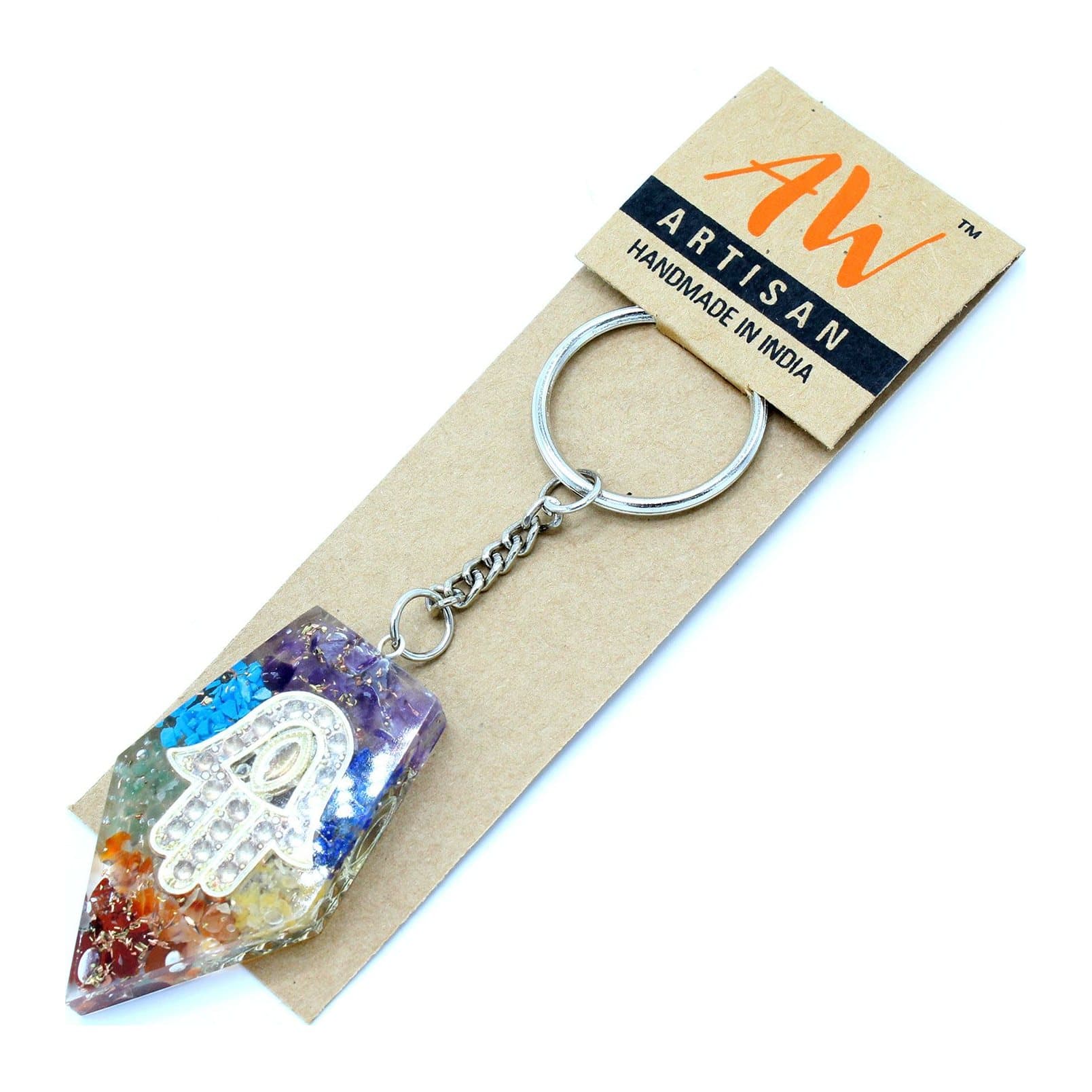 Orgonite power keyring with a Gemstone Chakra Hamsa design