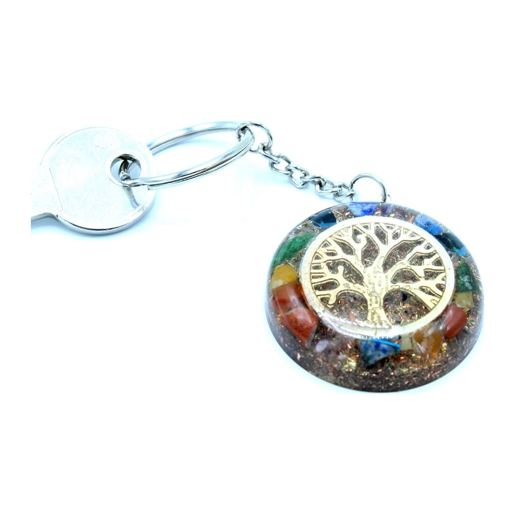 Orgonite power keyring with a Gemstones Chakra Tree of Life design