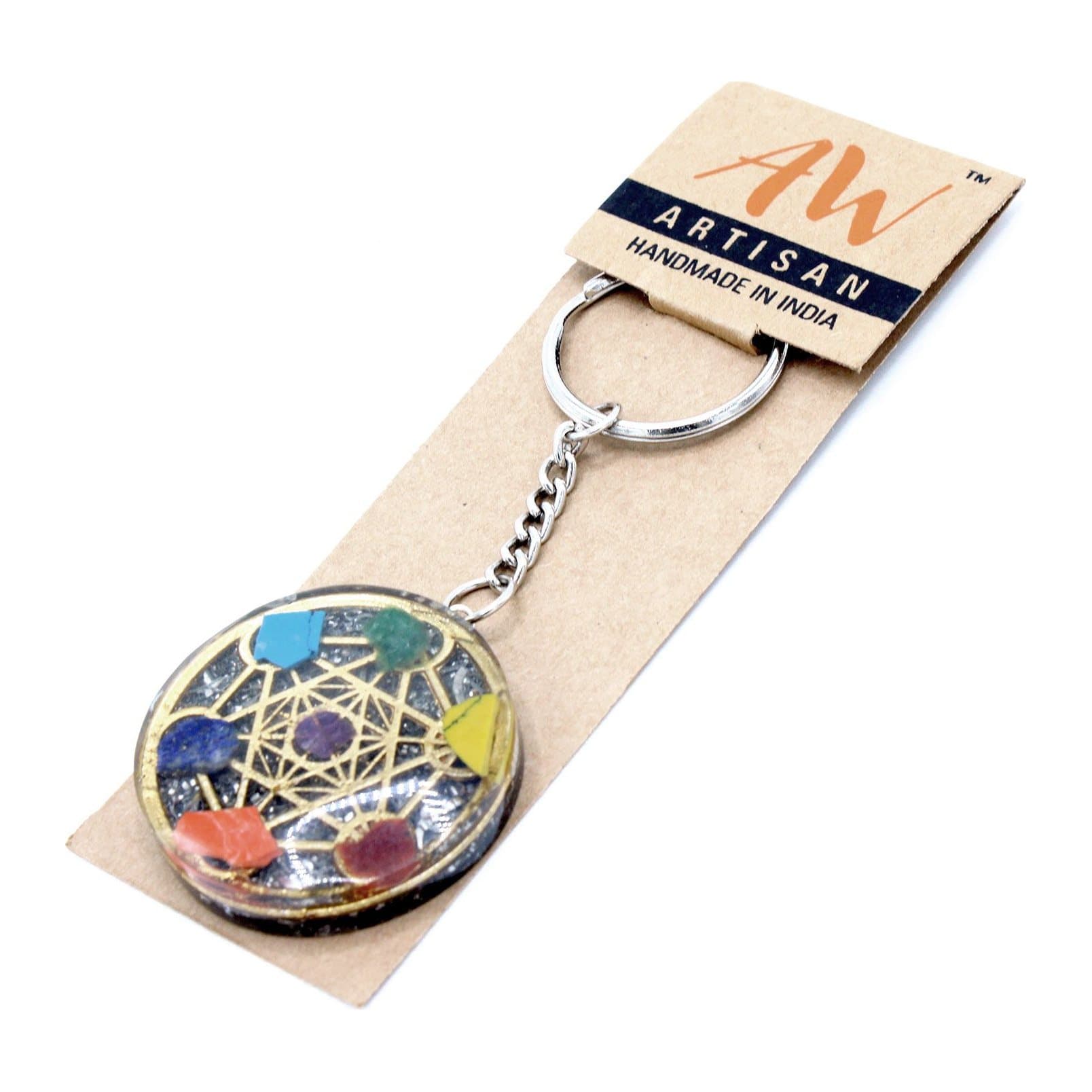 Orgonite power keyring with a Round Seven Chakra design