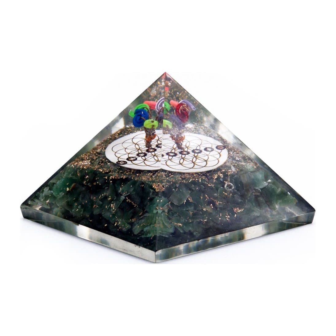Green aventurine orgonite pyramid with a Flower of Life design, 7 x 7 x 5 cm