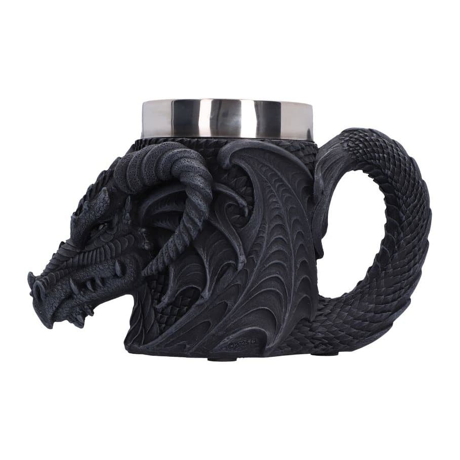 Deep black Gothic dragon tankard with a 3D dragon head and curved horns