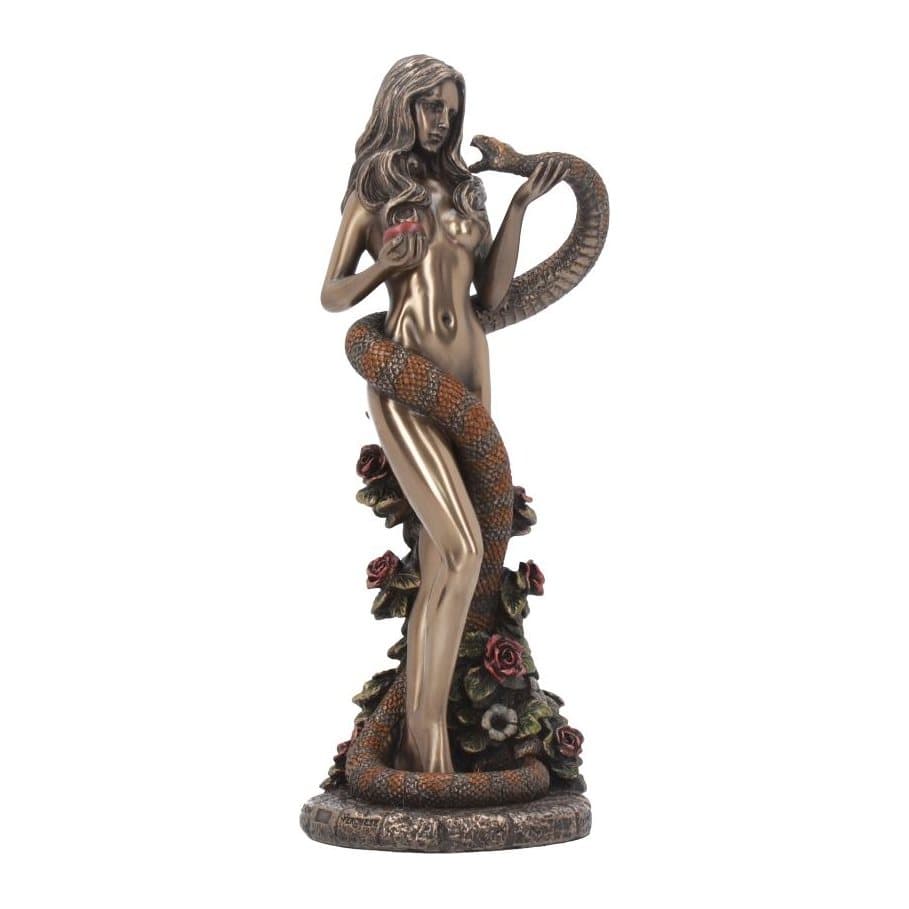 Original Sin figurine of Eve with an apple and a red serpent