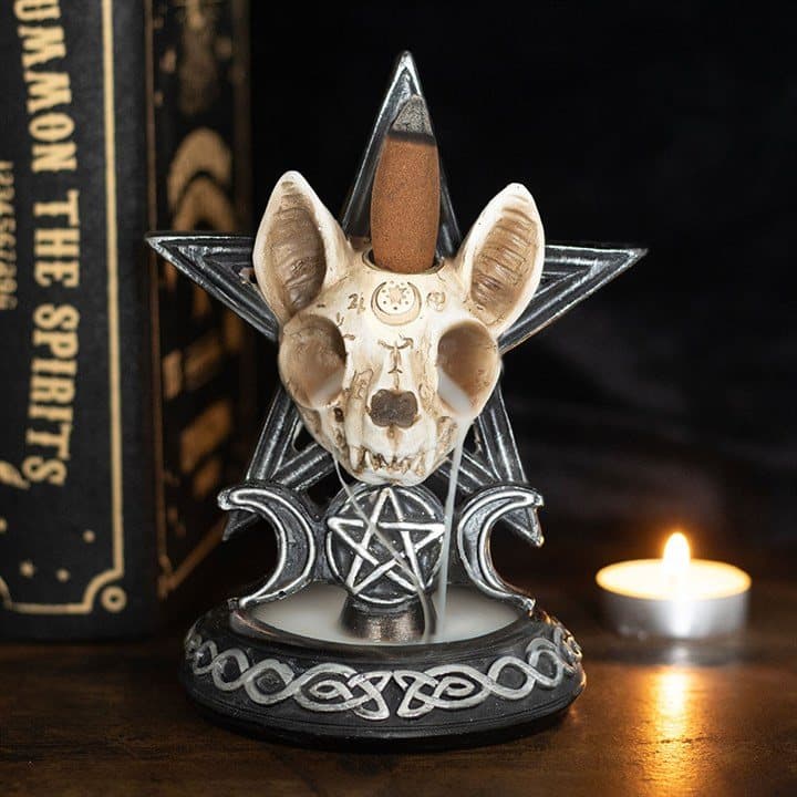 Skeleton cat backflow incense burner with ouija inspired details
