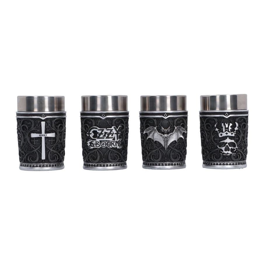 Four Ozzy Osbourne shot glasses with silver cross, bat and crowned skull designs