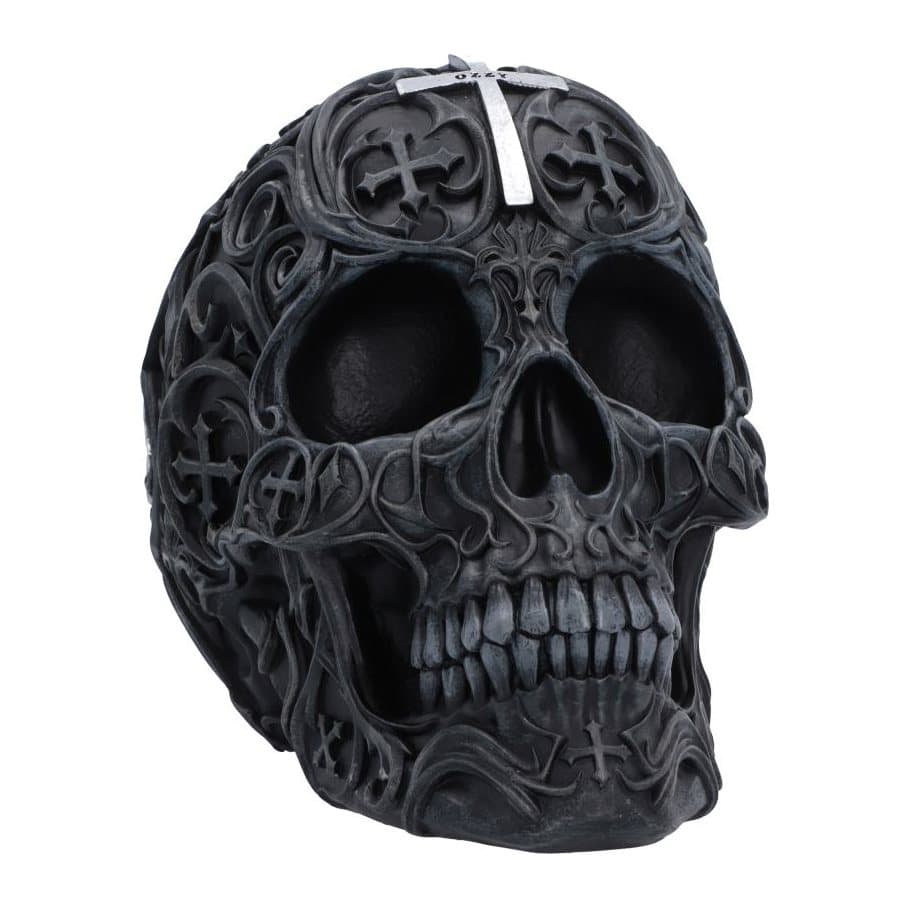 Ozzy Osbourne Prince of Darkness skull figurine with a silver cross on the forehead
