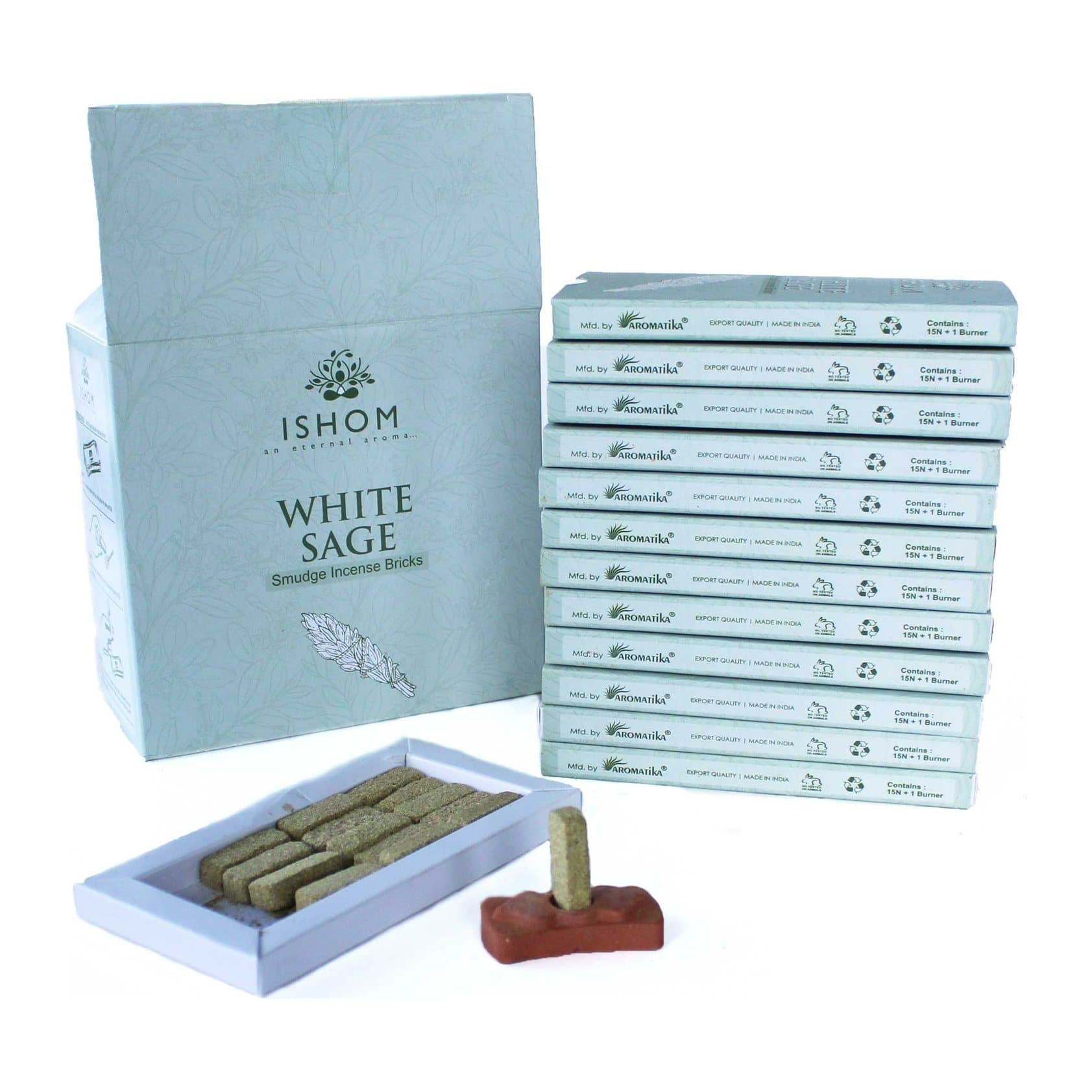 Pack of 15 white sage incense bricks with a terracotta holder