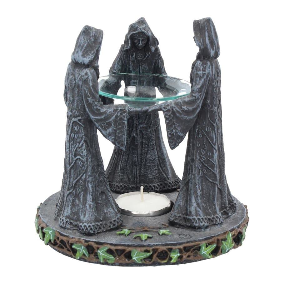 Resin oil burner of three hooded women holding a glass plate on an ivy-edged plinth