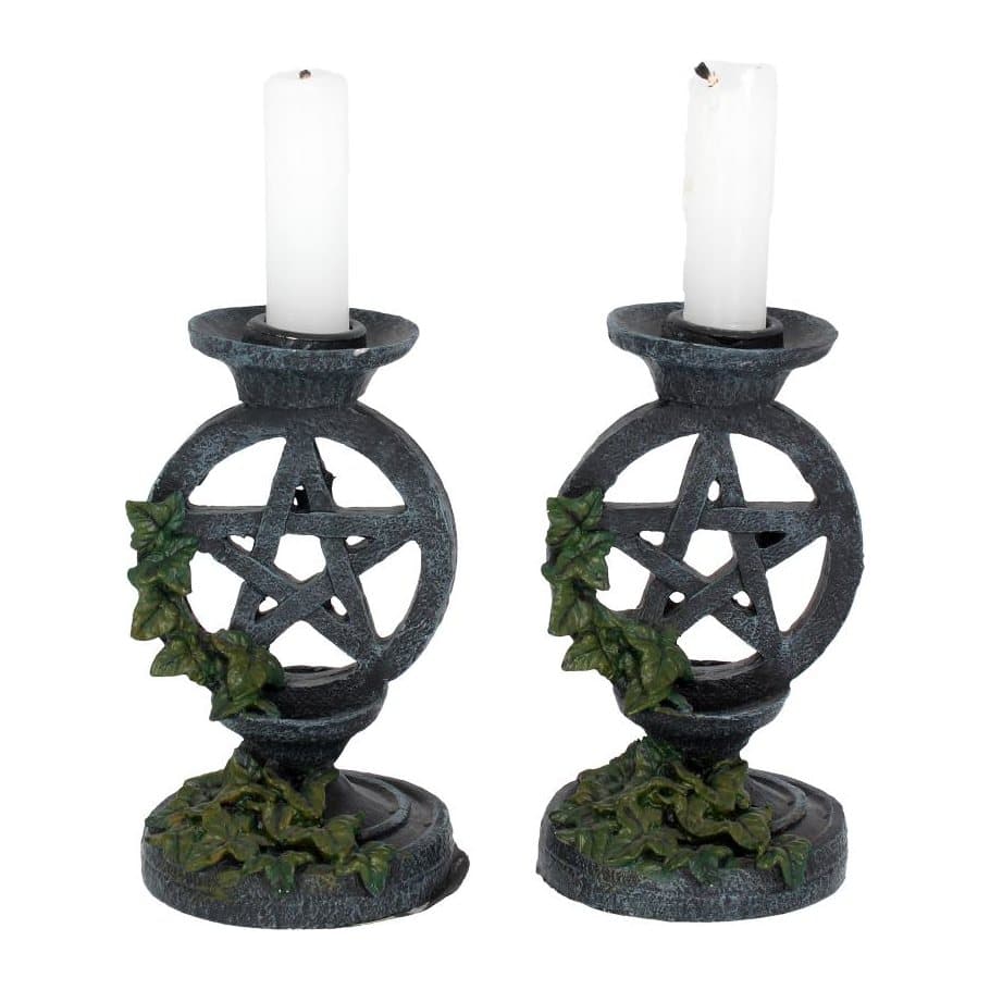 Pair of aged ivy candlesticks with a pentagram circle