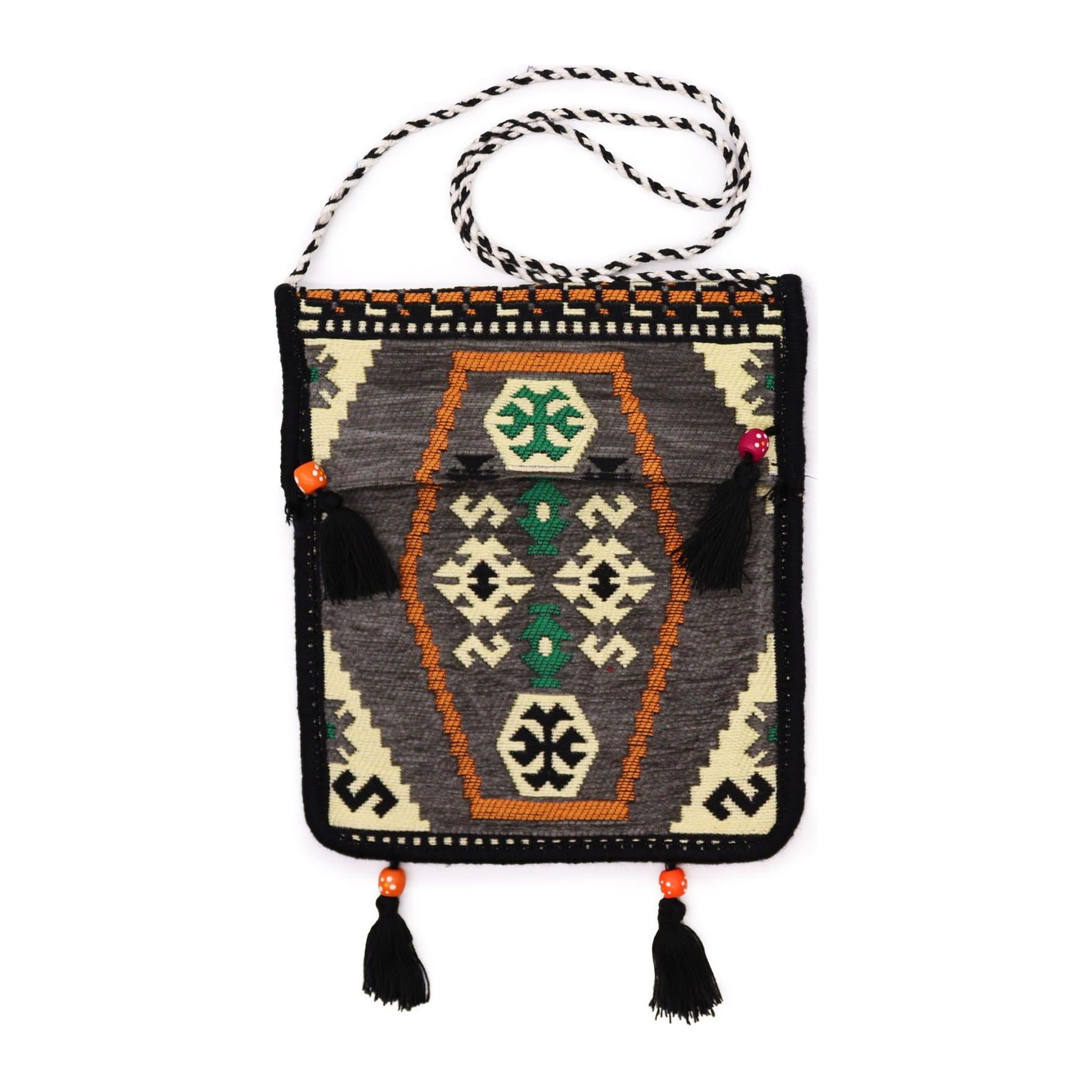 Pale grey kilim messenger festival bag with an intricately patterned weave