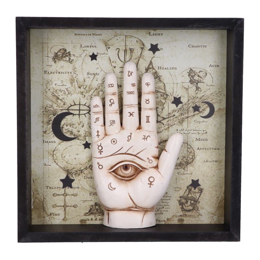 Framed palmistry hand art in a black frame with a School of Magic background