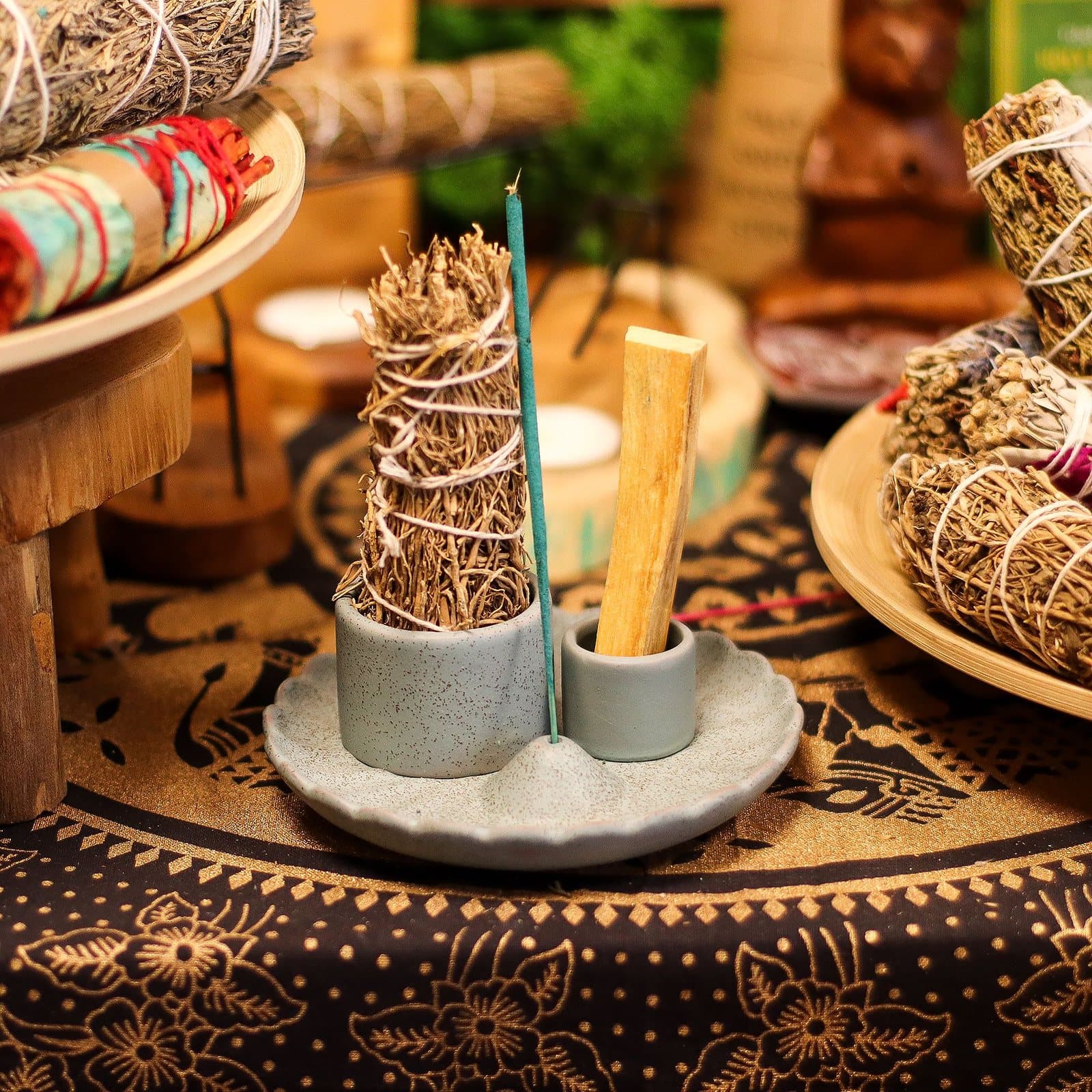 Matte blue ceramic lotus flower Palo Santo and smudge holder