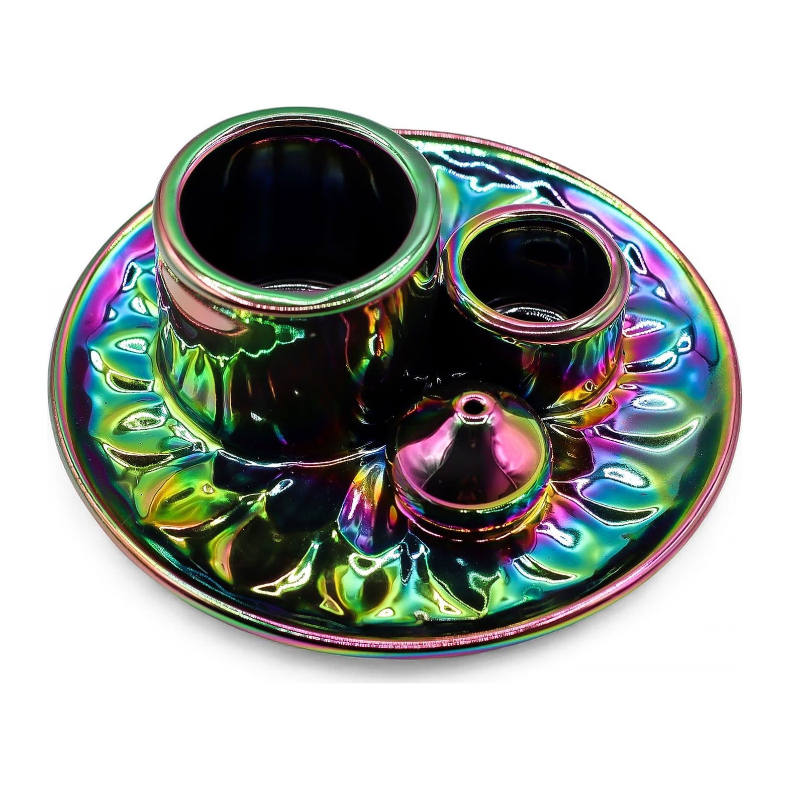 Glossy metallic rainbow ceramic palo santo and smudge holder with two wells and a cone