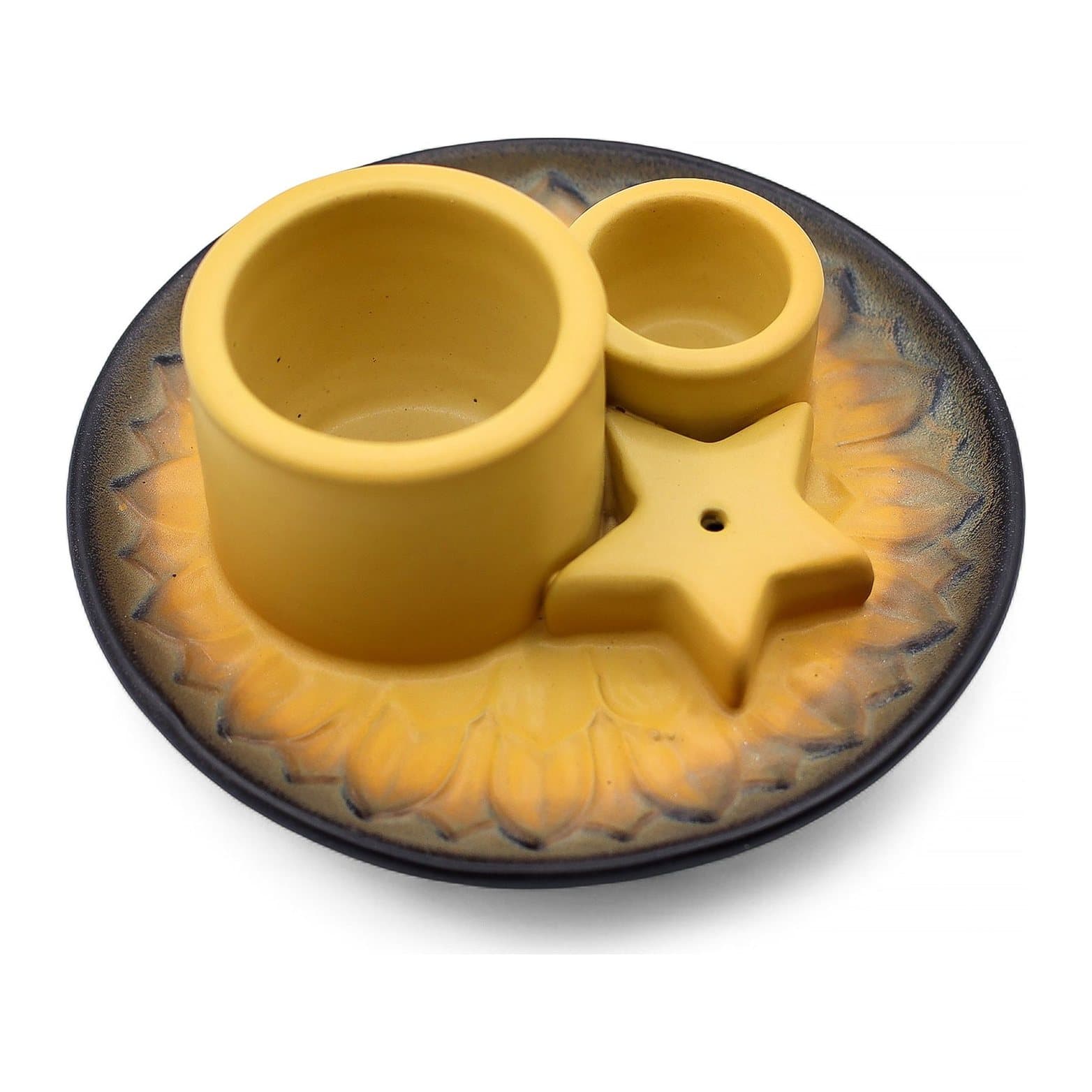 Sand and grey speckled ceramic palo santo and smudge holder with three sections