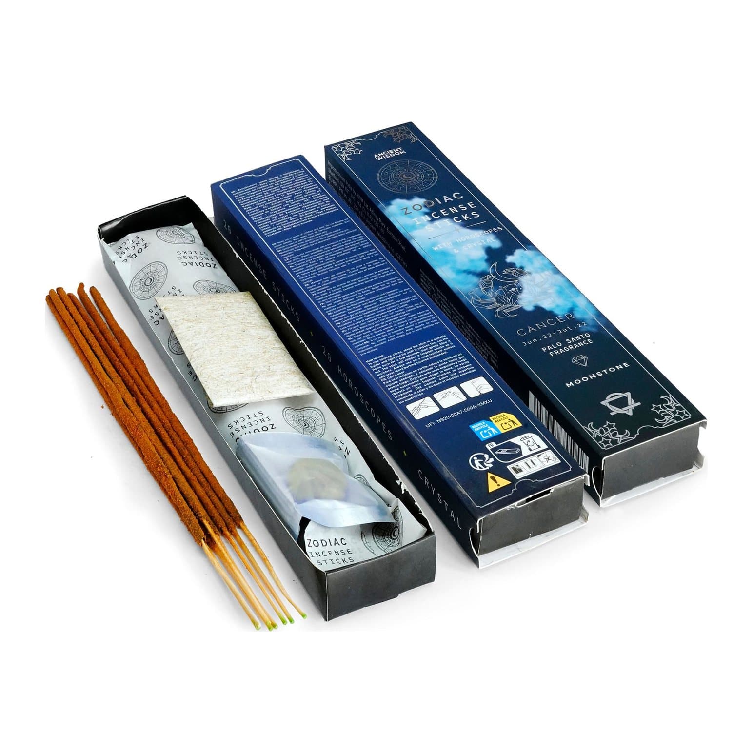 Cancer zodiac incense set: incense sticks, tumbled moonstone and rice-paper horoscopes