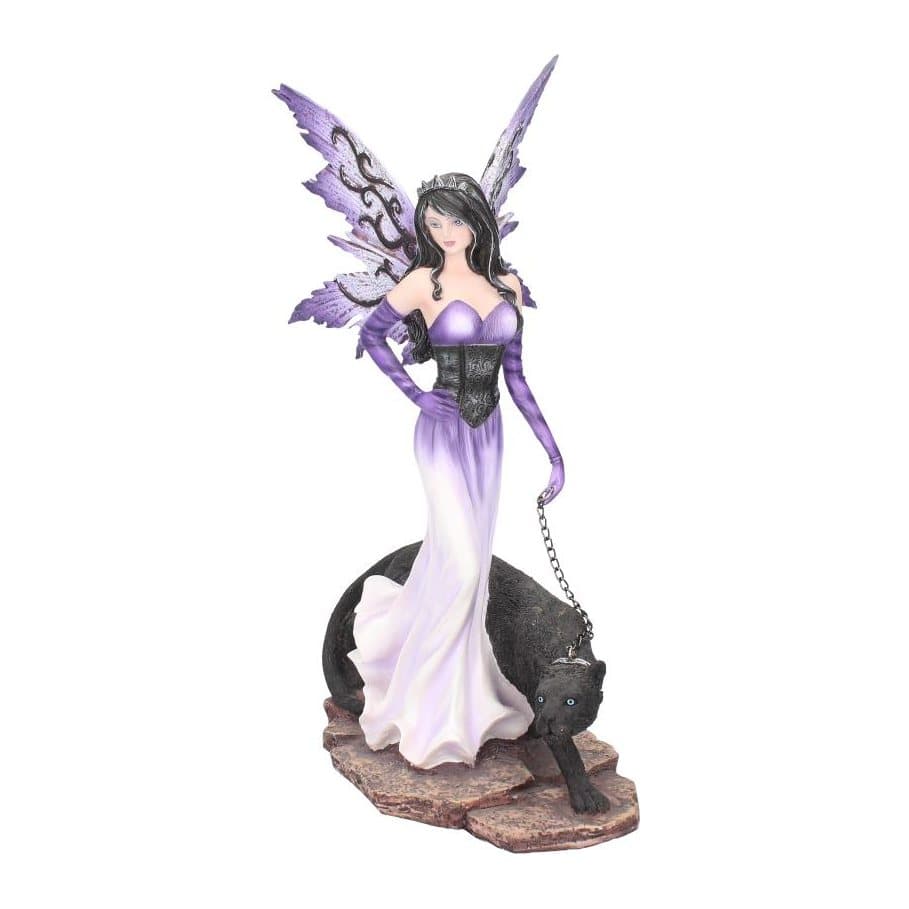 Purple fairy in a white dress walking a black panther on a chain