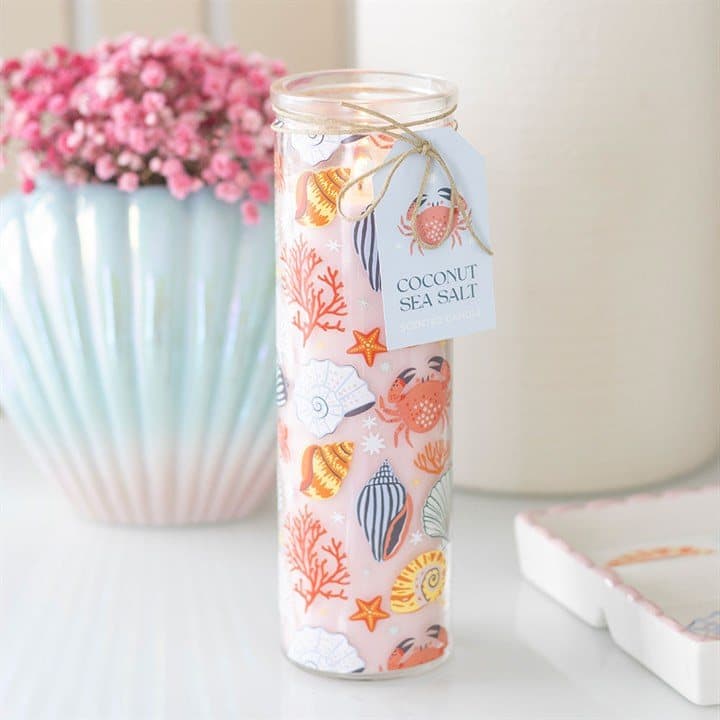 Tall pastel candle with crabs, shells and starfish