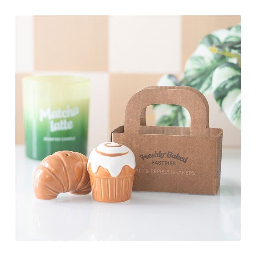 Ceramic salt and pepper shakers shaped like pastries