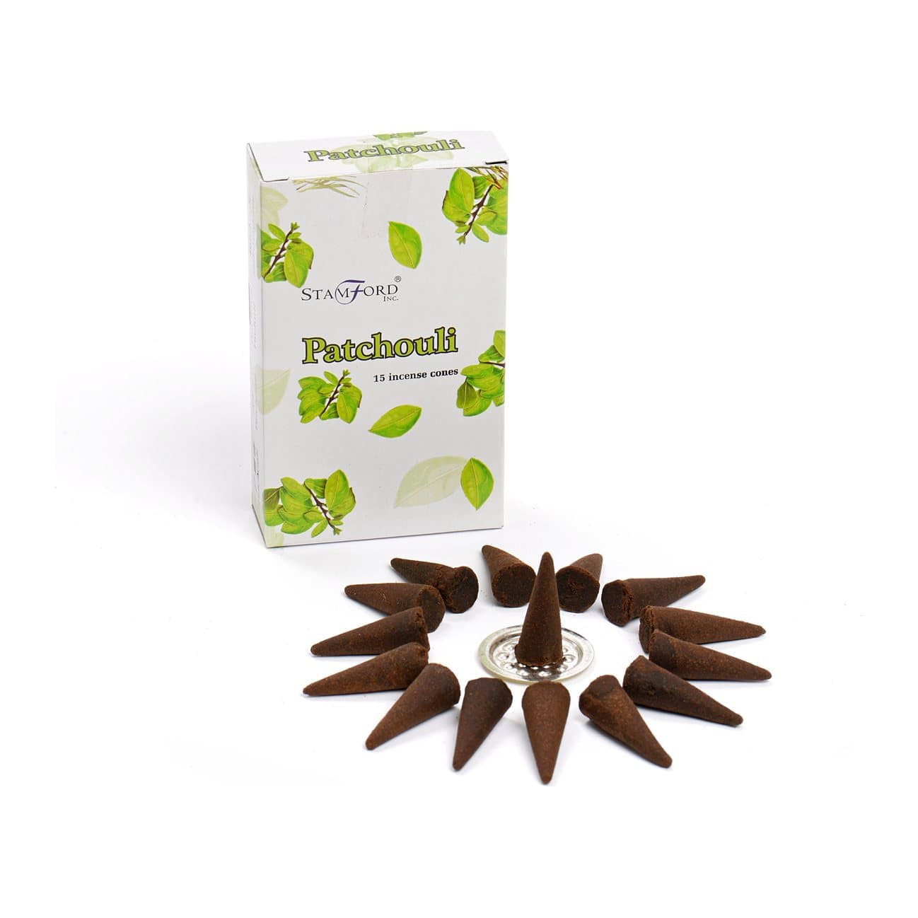 Patchouli incense cones in a pack of 2 with a metal incense holder