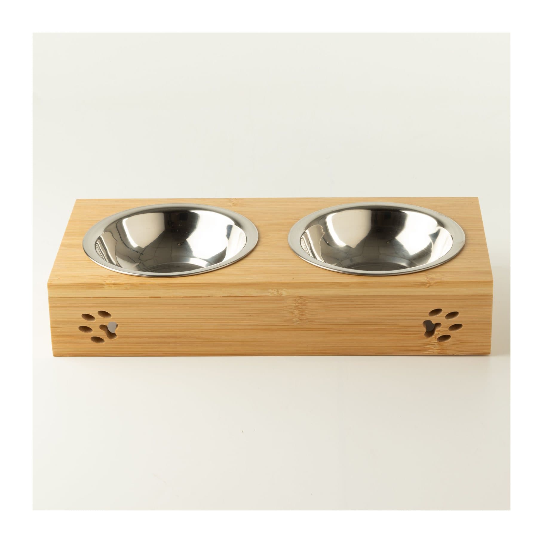 Two stainless steel bowls in a wooden stand with paw and bone cut-outs