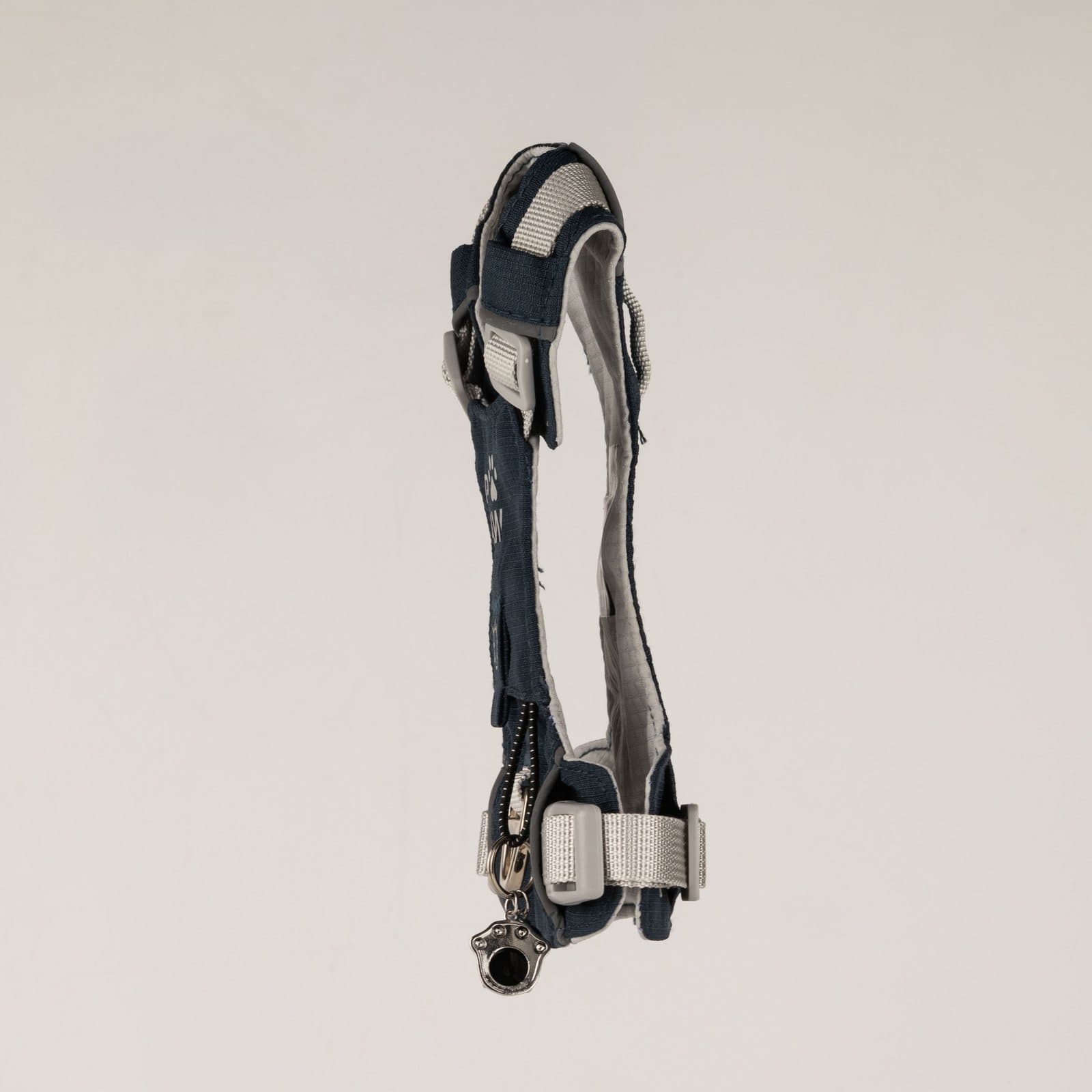 Rock grey XS step-in dog harness with reflective mesh and a black obsidian paw charm