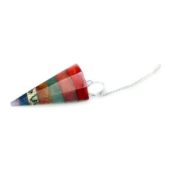 Seven-colour chakra style crystal pendulum with a silver chain and gemstone bead