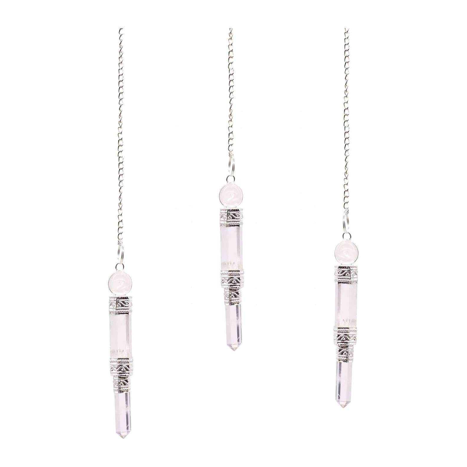 Clear rock quartz pendulum with silver-tone detailing and a silver plated chain