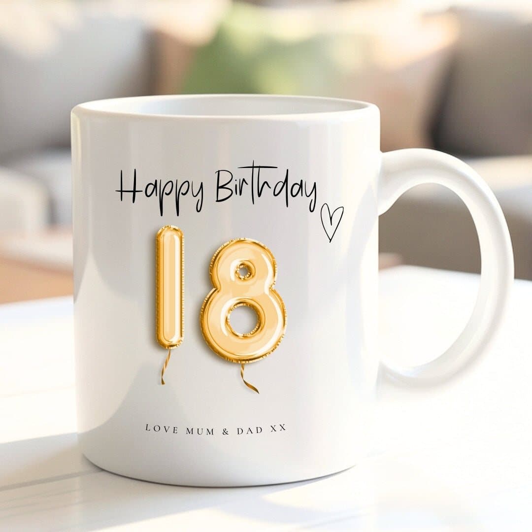 Personalised 18th birthday mug with a gold balloons design