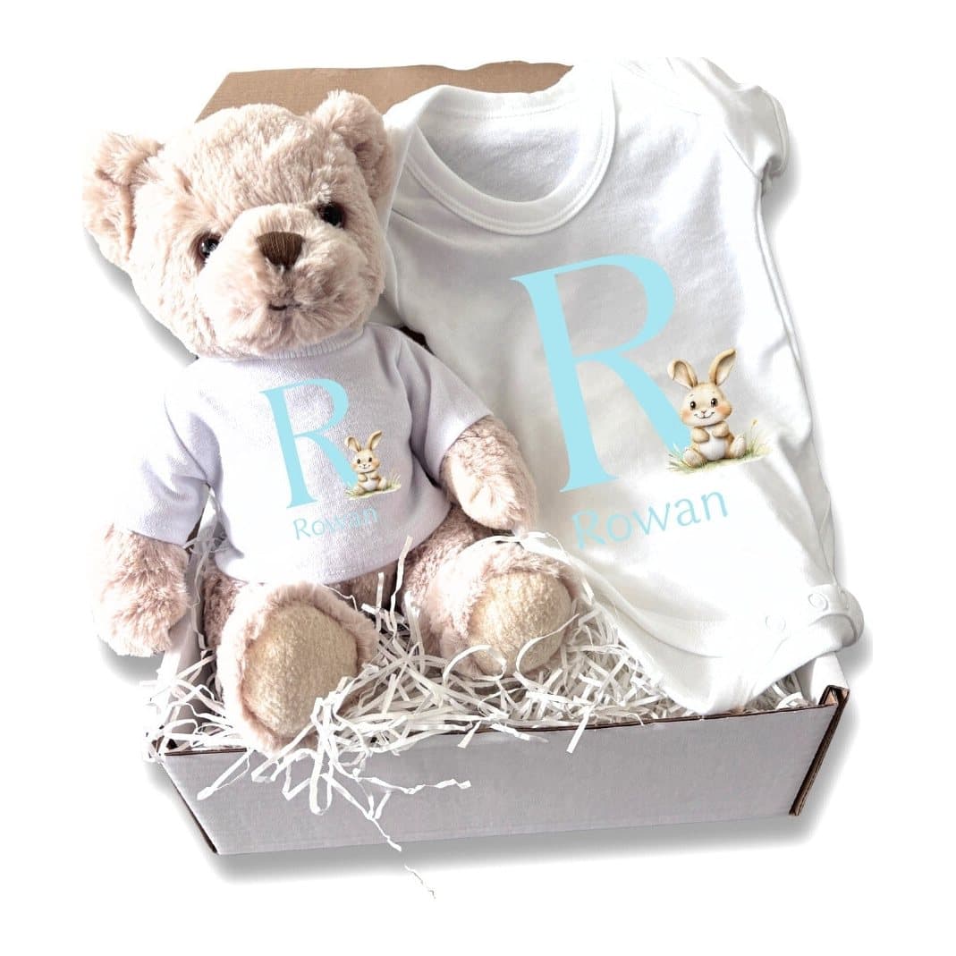 Personalised baby gift box with a teddy and a baby vest in a white box