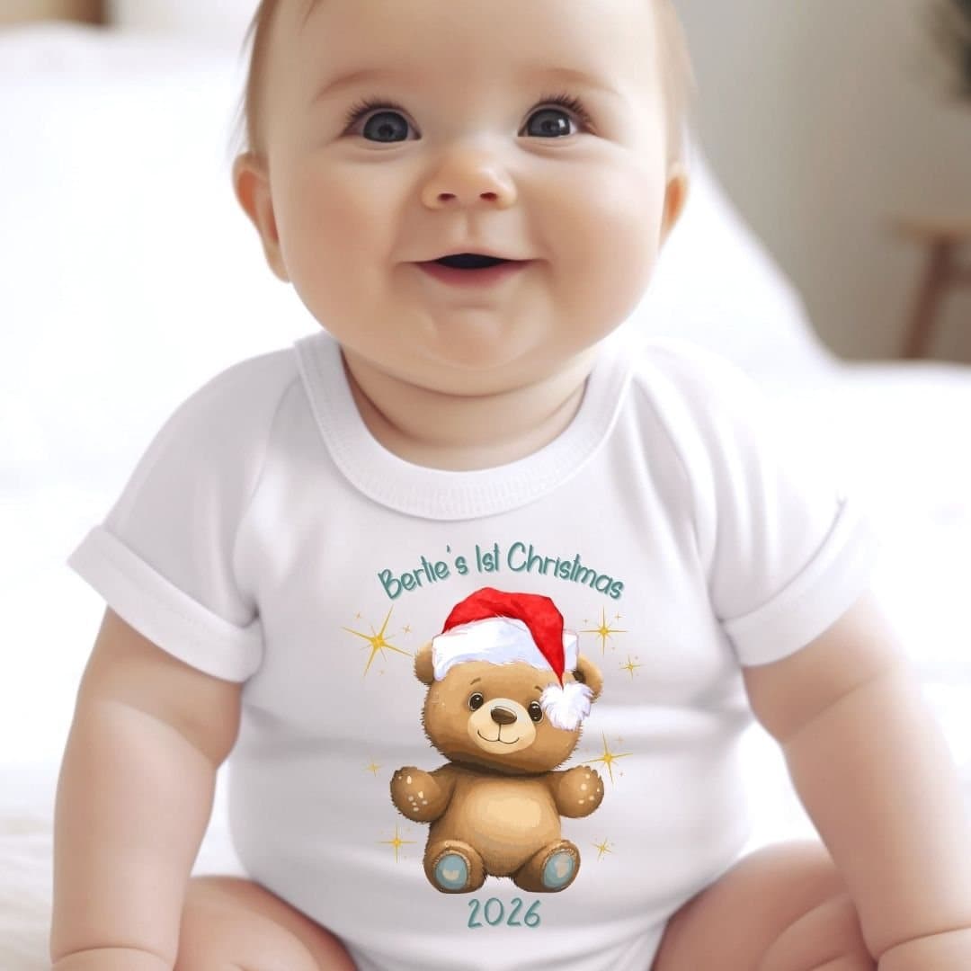 Teddy bear and baby vest in a personalised 1st Christmas gift box