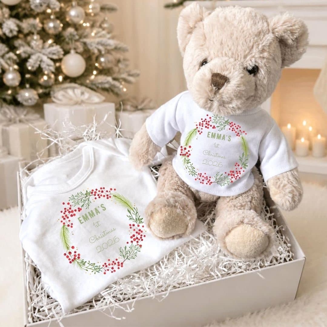 Personalised baby gift box with a teddy and a berry wreath baby vest