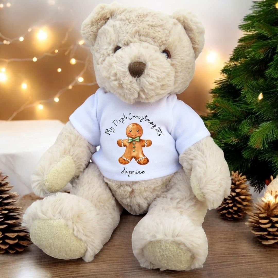 Personalised teddy bear wearing a T-shirt with a Gingerbread Man design and a name